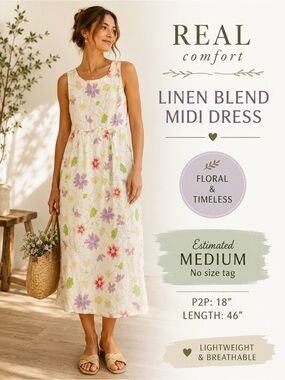 Real Comfort Floral Linen Blend Midi Dress Cottagecore Estimated Medium